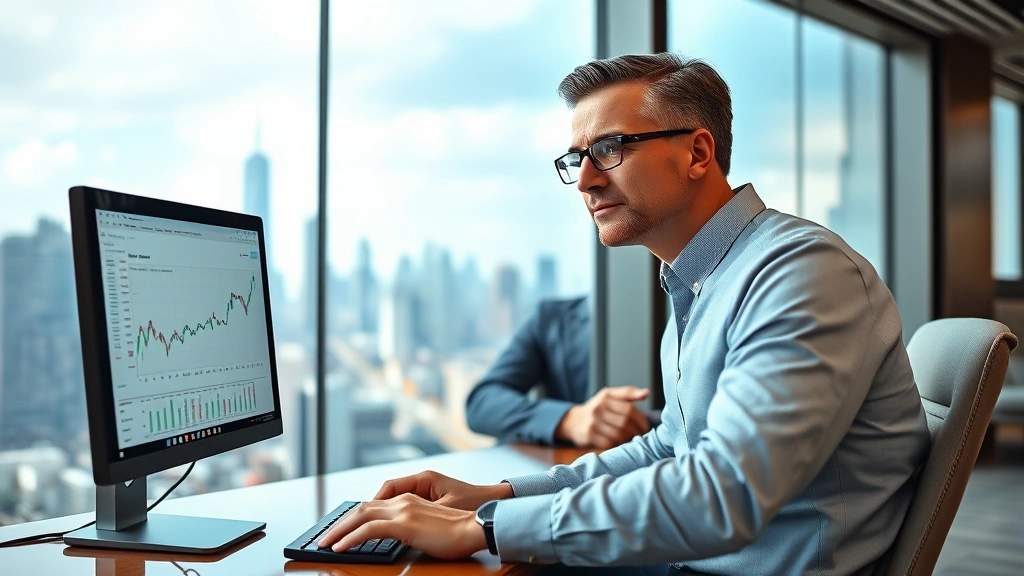Senior CEO in office overlooking city skyline, studying market data on computer screen, confident thoughtful posture, upscale modern workspace with technology infrastructure visible, strategic decision-making moment