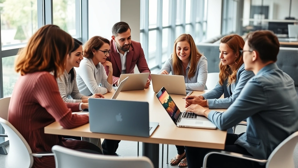 Diverse cross-functional team collaborating around table with laptops and tablets, engaged discussion about business strategy, mixed professional backgrounds, modern tech-enabled meeting space, innovation and teamwork atmosphere