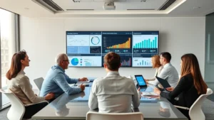 Executive leadership team in modern conference room reviewing transformation strategy documents and metrics dashboards on large screens, diverse professionals engaged in strategic planning discussion with notebooks and tablets visible