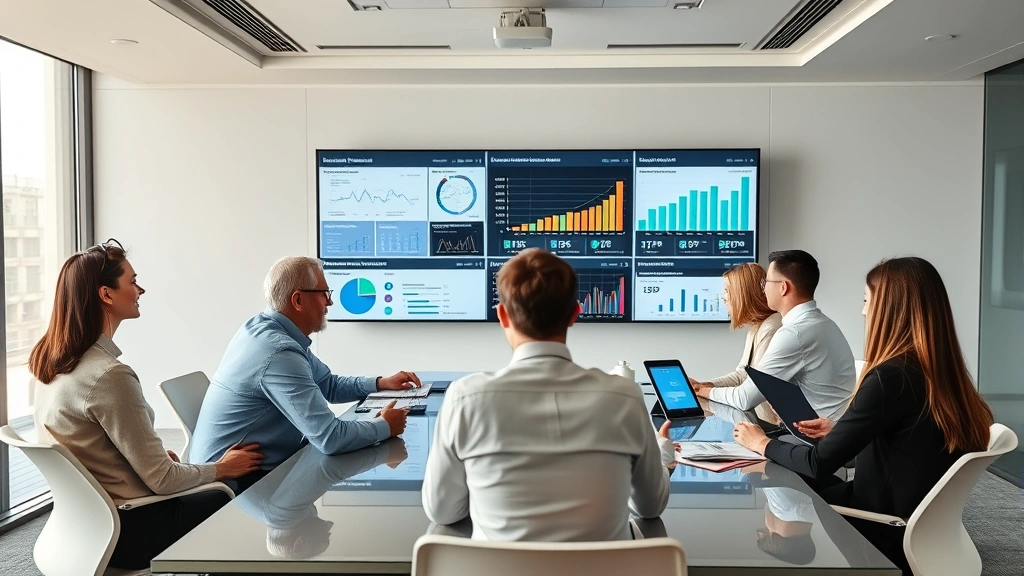 Executive leadership team in modern conference room reviewing transformation strategy documents and metrics dashboards on large screens, diverse professionals engaged in strategic planning discussion with notebooks and tablets visible