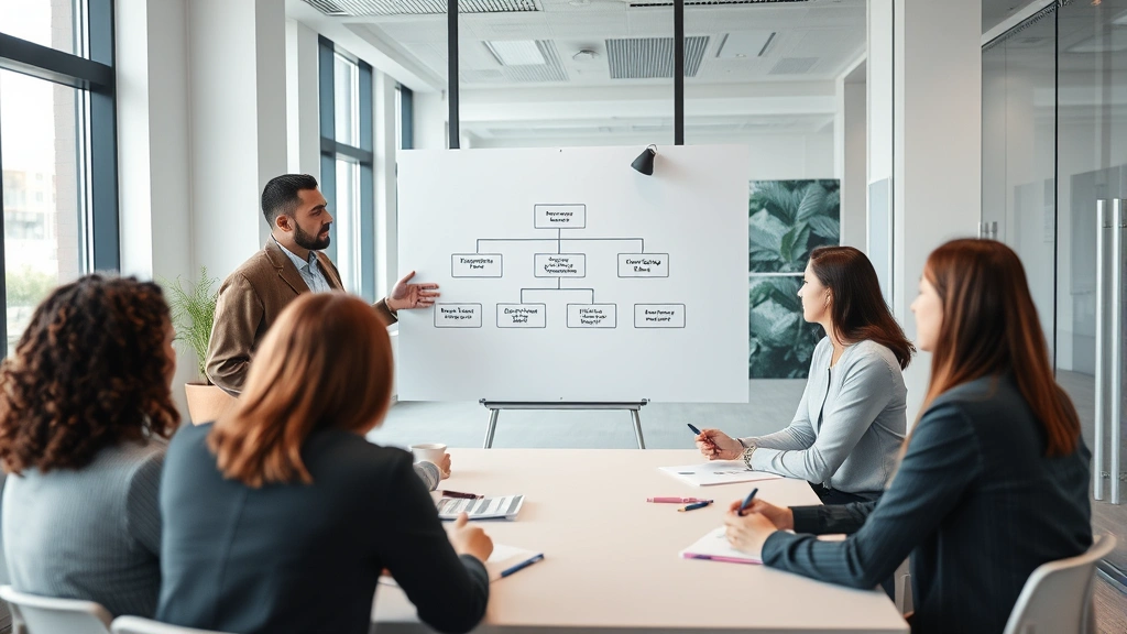 Professional business consultant presenting organizational restructuring framework to cross-functional team in corporate office, whiteboard visible with strategic pillars, team members taking notes with focused attention