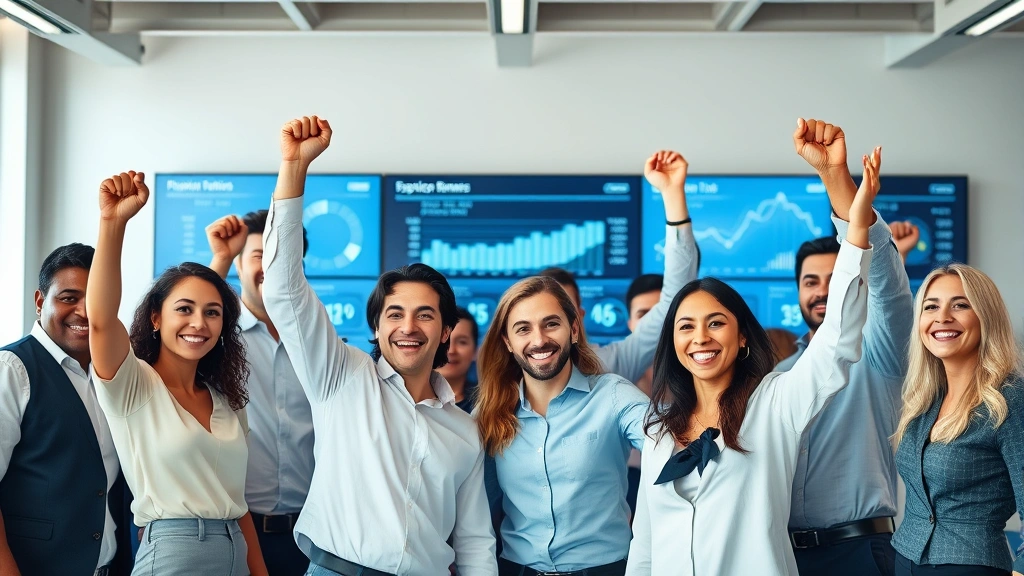 Diverse team of professionals celebrating business transformation milestone achievement, modern office environment with success metrics displayed on screens behind them, genuine engagement and positive momentum visible