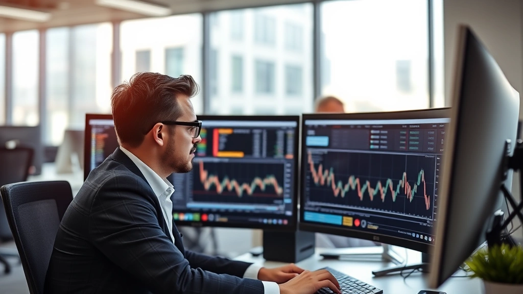 Professional business analyst reviewing digital asset valuations on multiple monitors in modern corporate office environment, focused concentration on financial data