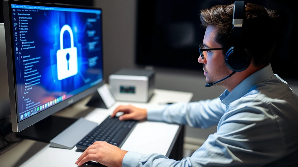 Cybersecurity expert implementing security protocols on computer workstation with advanced authentication tools, blue light from screens, professional setting