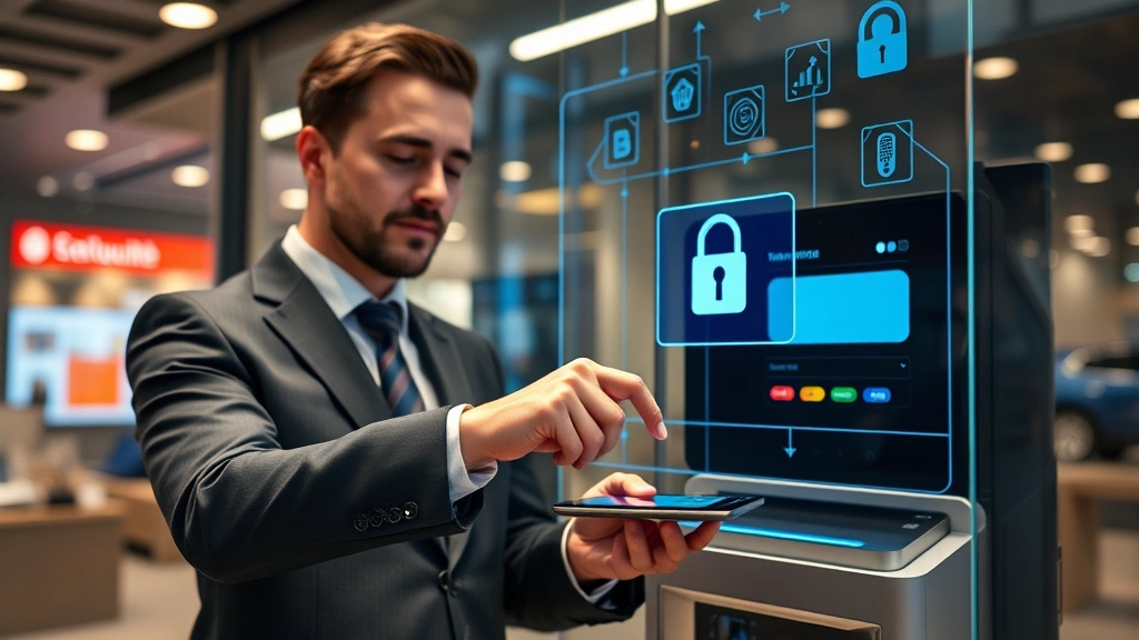 Business executive completing digital transaction with secure payment gateway interface visible, professional attire, modern financial technology environment