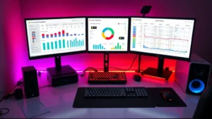 Professional gaming setup with multiple monitors displaying character progression dashboards and resource allocation spreadsheets, minimalist desk workspace with RGB lighting, focused strategic planning environment