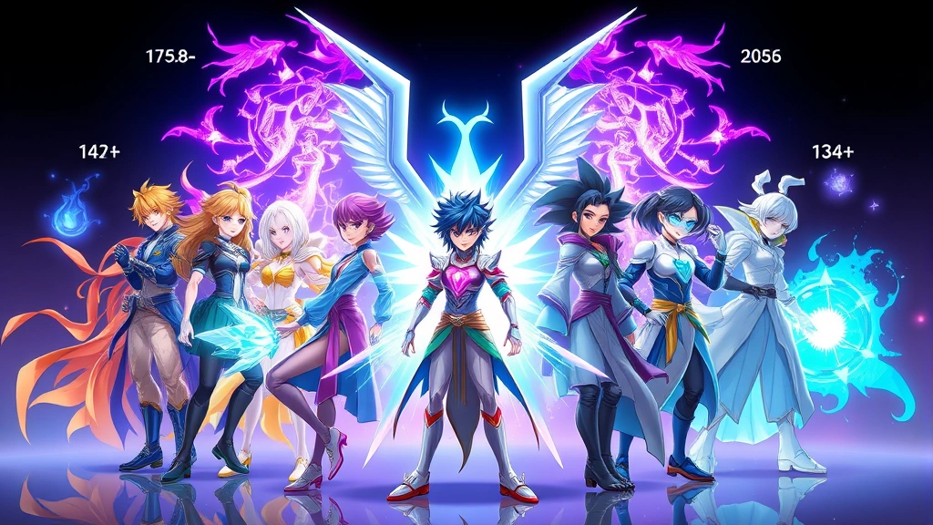 Diverse team of animated characters with glowing fusion effects and resonance auras, dynamic combat formation showing stat multiplication indicators and synergy activation visualizations, ethereal power scaling visualization