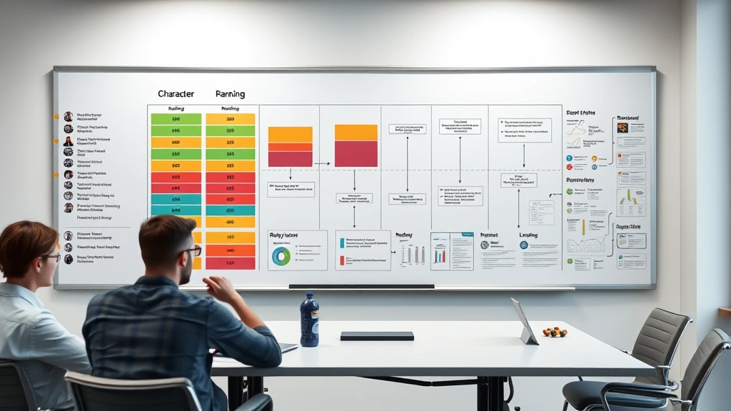 Strategic planning whiteboard with character tier rankings, fusion roadmap timelines, and resource flow diagrams, business strategy meeting room with gaming elements integrated into corporate planning framework