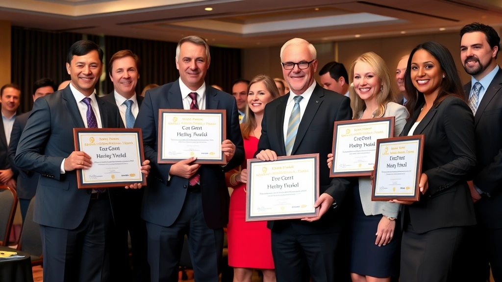 Executive leadership team presenting custom recognition awards to high-performing employee, formal corporate event setting, professional photography, diverse participants in business attire showing genuine appreciation moments