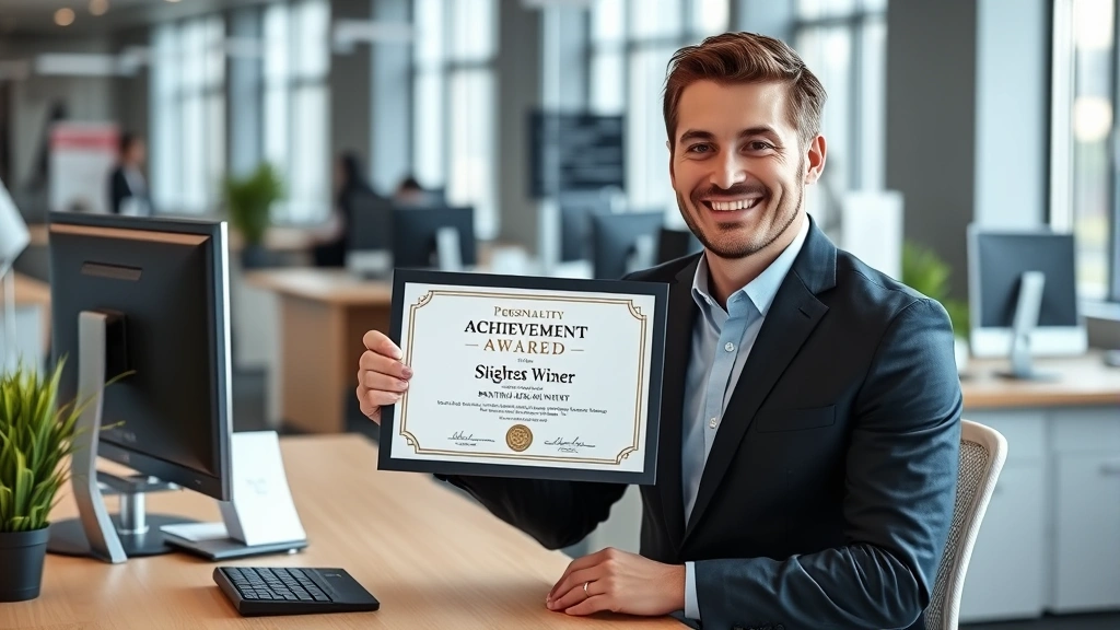 Employee displaying personalized achievement award on office desk with company branding, professional workspace background, natural lighting highlighting the recognition item, person smiling with pride in professional setting
