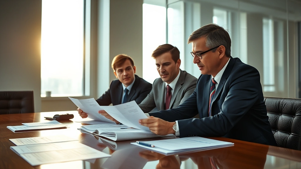 Professional business executives in conference room reviewing compliance documents and financial reports on table, natural lighting, serious professional atmosphere, corporate setting
