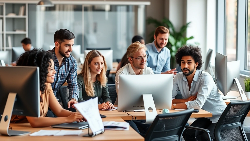 Diverse team of professionals working together at modern office desks with computers, collaborative environment, focused on documentation and data analysis, contemporary workplace