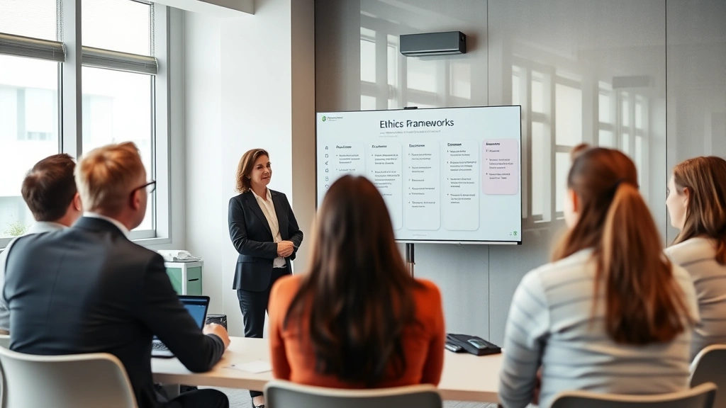 Corporate compliance officer presenting ethics framework to engaged employees in modern training room, professional business attire, serious commitment to organizational standards