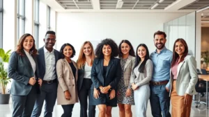 Professional team of diverse characters in modern corporate office setting, standing together in collaborative formation, natural lighting, corporate attire, confident expressions, modern workplace background