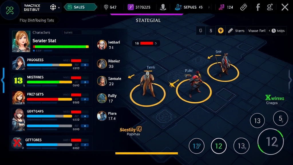 Strategic game interface showing character stat distribution and progression systems, colorful UI elements, tactical positioning visualization, professional digital design aesthetic, no text visible