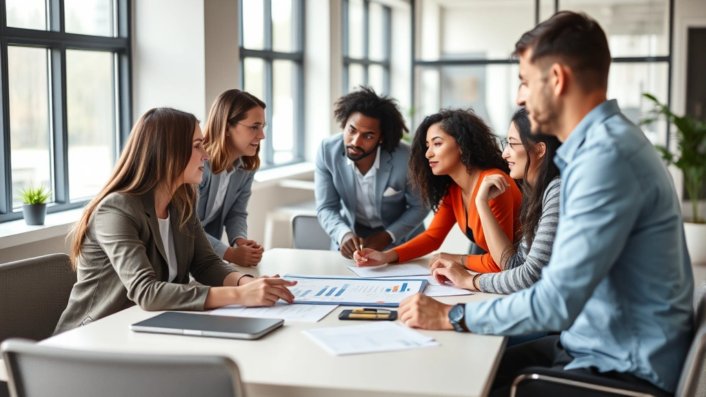 Diverse group of professionals in contemporary business environment discussing strategy around table, collaborative atmosphere, natural light from windows, modern office furniture, diverse team composition