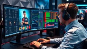 Professional esports analyst reviewing game character statistics on modern monitor setup, detailed spreadsheets and performance metrics visible on screen, competitive gaming environment with professional lighting, photorealistic corporate gaming analysis workspace