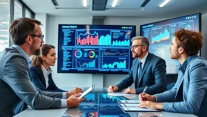 Professional team in modern office conference room analyzing data on large digital displays showing market analytics and business metrics, serious focused expressions, contemporary business environment