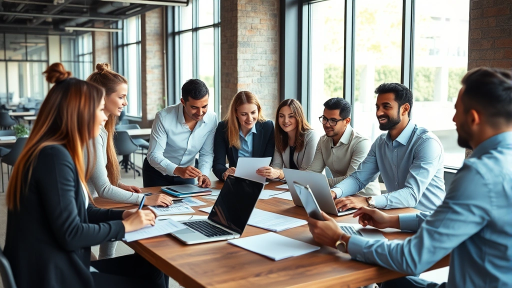 Diverse business professionals collaborating around wooden table with laptops and documents, engaged in strategic discussion, natural lighting from large windows, modern corporate setting