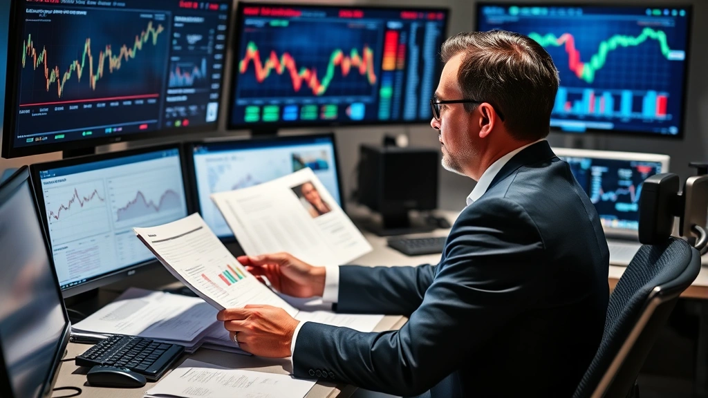 Executive in business suit reviewing financial reports and strategic planning documents at desk with multiple monitors displaying real-time market data and announcements, concentrated professional atmosphere
