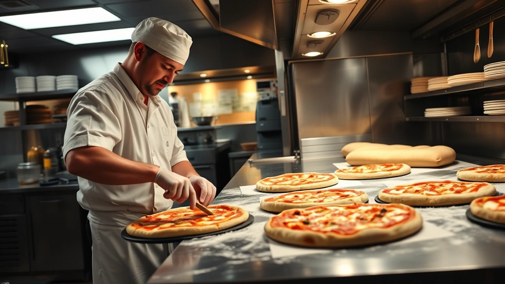 Professional pizzeria kitchen with chef preparing fresh pizza dough, stainless steel equipment, warm lighting, busy restaurant atmosphere, authentic artisanal setting
