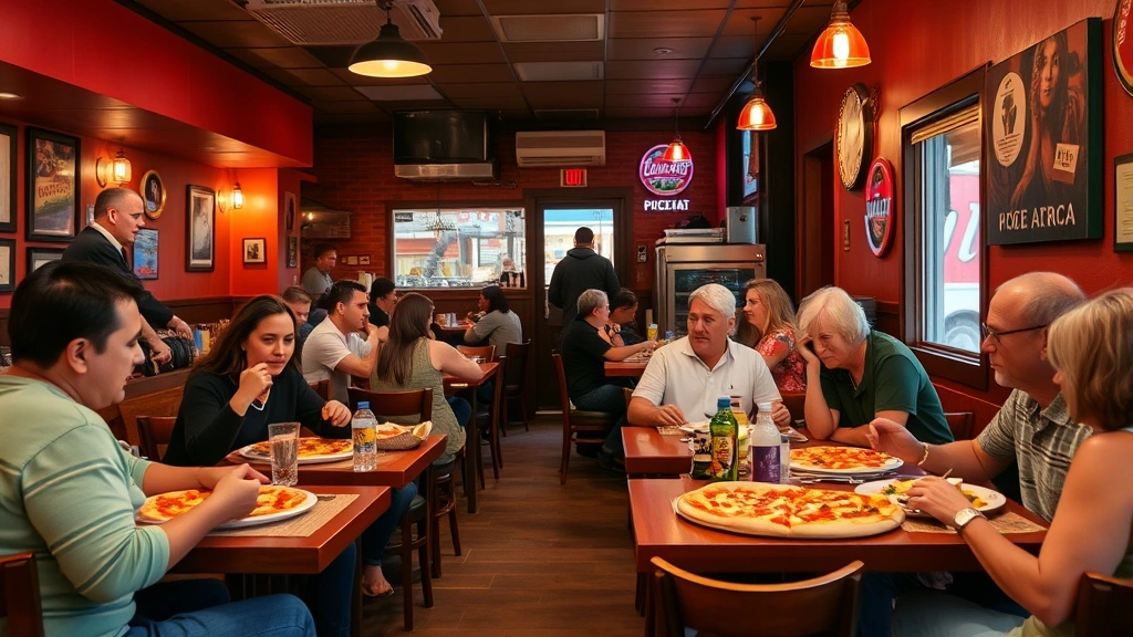 Busy casual pizzeria dining area with families and friends enjoying meals together, warm ambient lighting, comfortable seating, authentic neighborhood restaurant ambiance