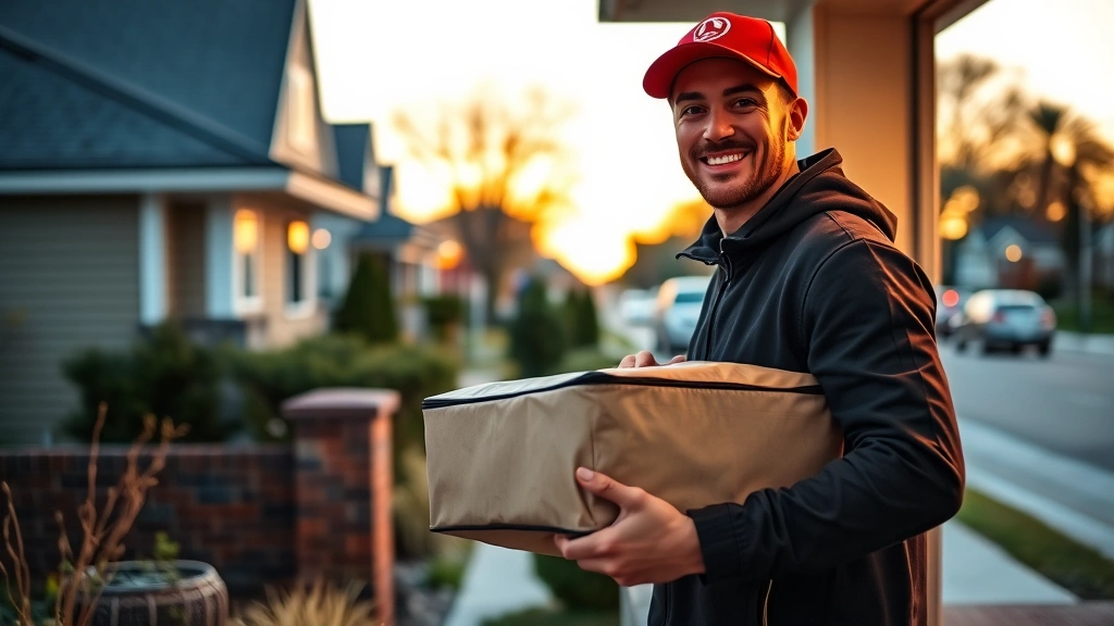 Pizza delivery driver holding insulated bag standing at residential doorstep at dusk, professional appearance, neighborhood street background, customer service focus