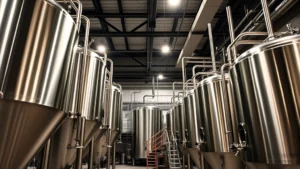Professional craft brewery interior with polished stainless steel fermentation tanks, dramatic overhead lighting, and industrial-modern aesthetic showcasing advanced brewing equipment in active production facility