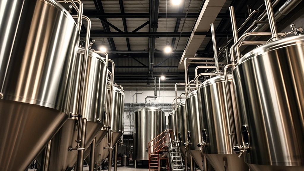 Professional craft brewery interior with polished stainless steel fermentation tanks, dramatic overhead lighting, and industrial-modern aesthetic showcasing advanced brewing equipment in active production facility