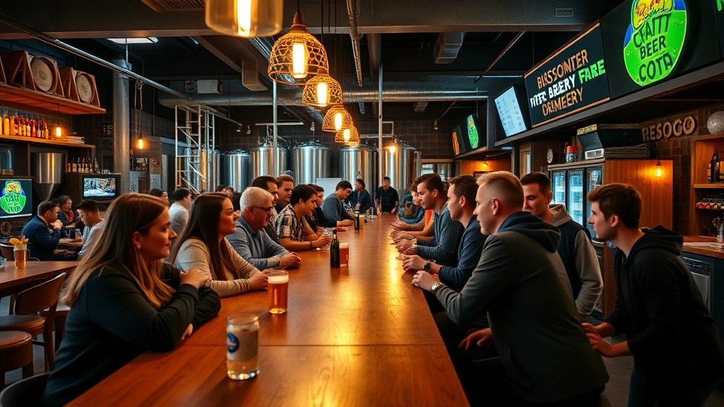 Vibrant brewery taproom scene with diverse customers enjoying craft beer at wooden bar counter, warm ambient lighting, and comfortable seating creating welcoming community gathering atmosphere