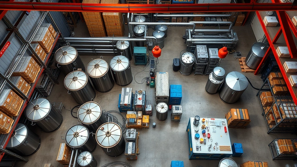 Aerial view of craft brewery production facility showing organized warehouse space with multiple fermentation vessels, quality control laboratory area, and organized inventory management systems