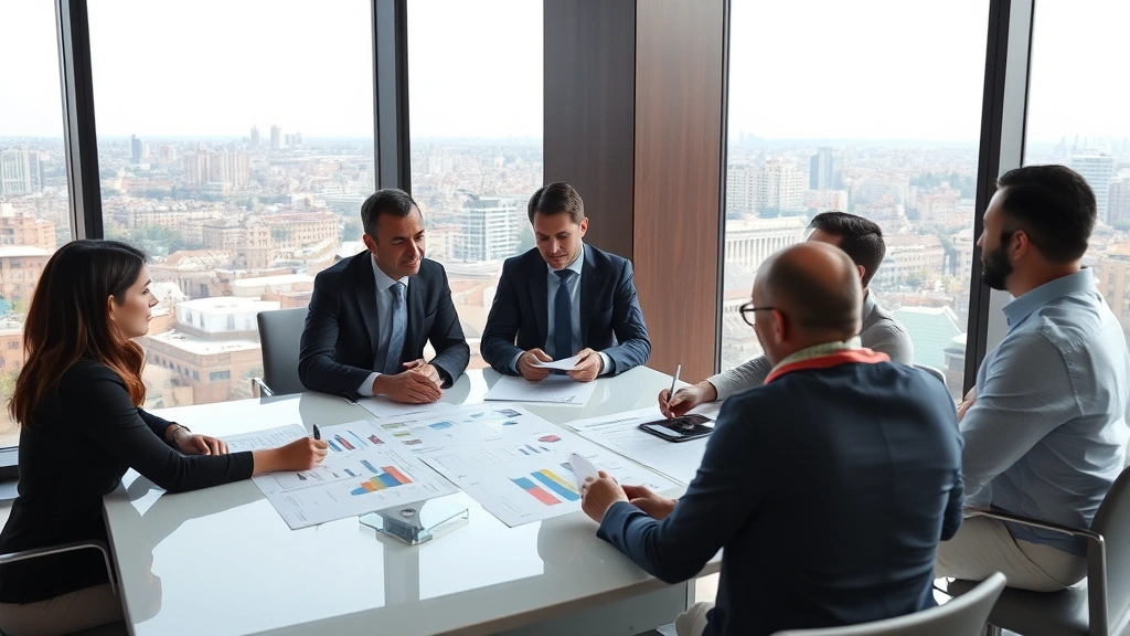 Professional corporate team conducting strategic planning meeting in modern conference room with Barcelona cityscape visible through floor-to-ceiling windows, executives reviewing project timelines and performance metrics