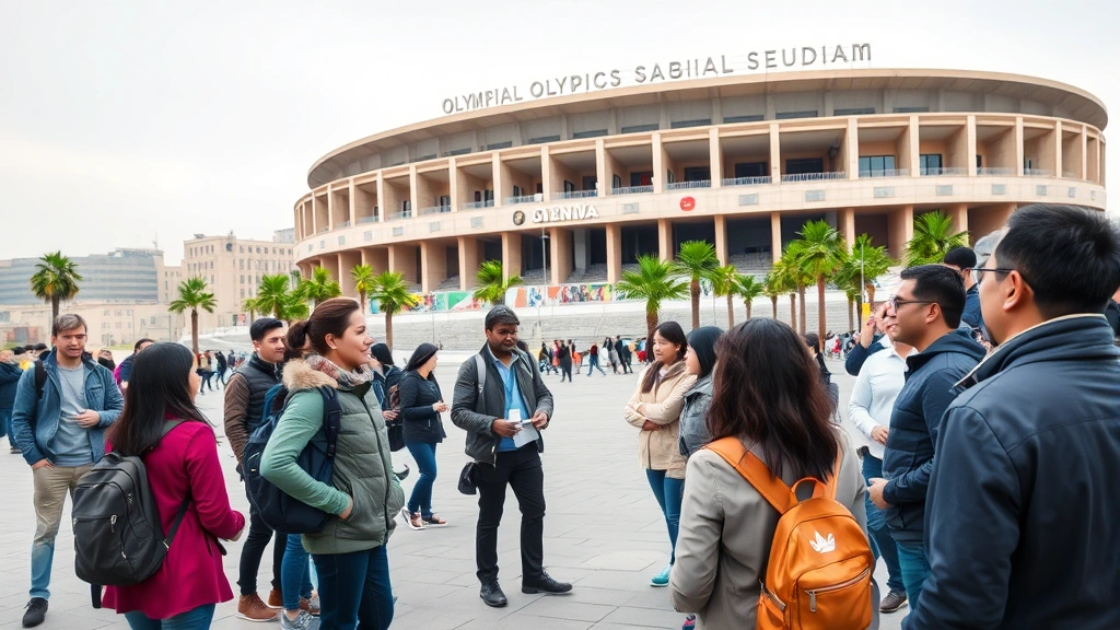 Diverse group of international visitors and local guides standing in Olympic stadium plaza area with historic architecture in background, people engaged in discussion and learning, professional tour operation setting