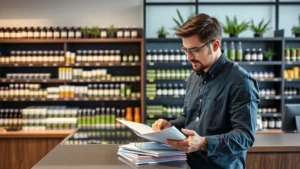 Professional cannabis dispensary manager reviewing compliance documents and inventory records at modern retail counter, organized product shelves visible in background, natural lighting