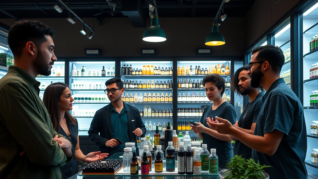 Cannabis retail staff conducting product knowledge training session in well-lit dispensary environment, diverse team members discussing different cannabis products and consumption methods
