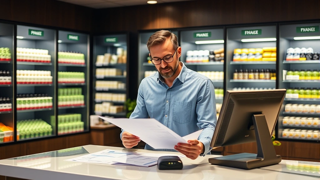 Cannabis business owner reviewing financial reports and inventory systems at professional dispensary counter, modern POS system visible, organized product display cases in background