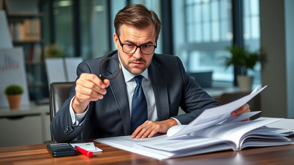 Business professional in suit at desk examining financial statements and business records with magnifying glass, serious analytical expression, office setting