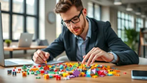 Professional puzzle enthusiast working on colorful three-dimensional brain teaser puzzle at modern wooden desk with natural lighting and blurred office background, showing focused concentration and engagement