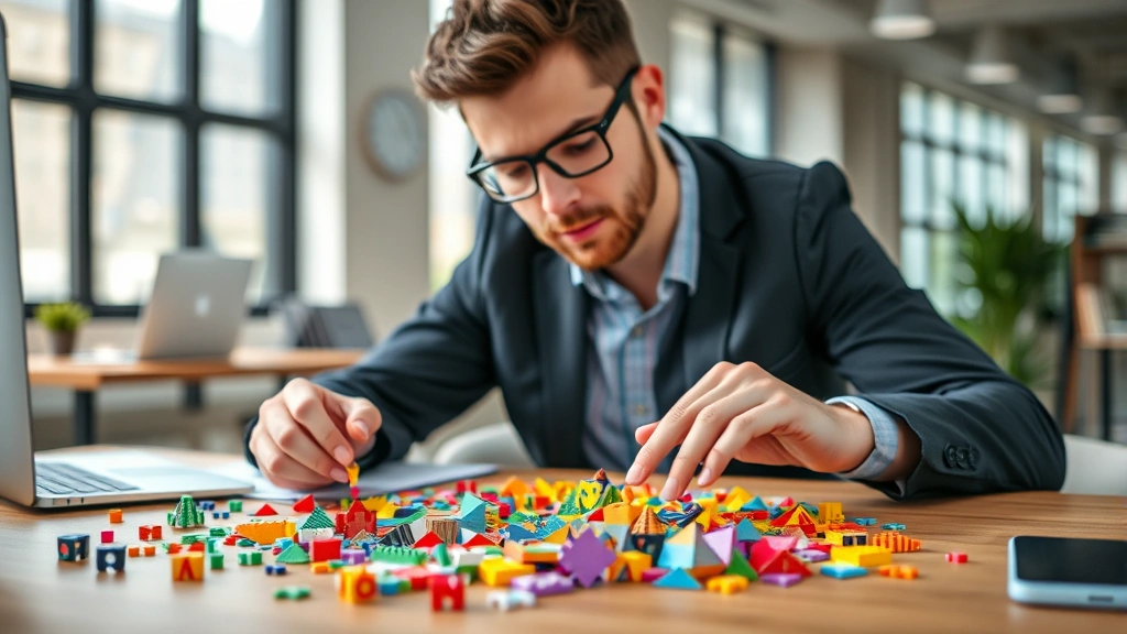 Professional puzzle enthusiast working on colorful three-dimensional brain teaser puzzle at modern wooden desk with natural lighting and blurred office background, showing focused concentration and engagement