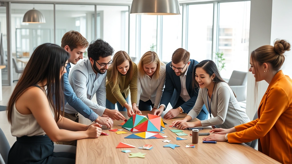Diverse group of people collaborating around table solving complex geometric puzzle together, displaying teamwork and problem-solving in bright corporate meeting room with modern furniture