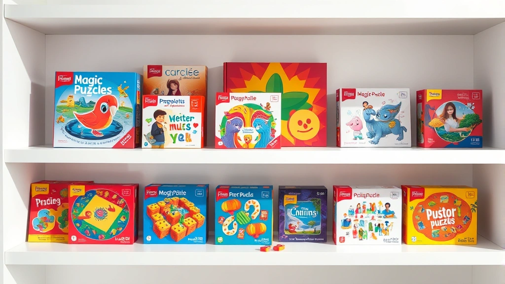 Colorful collection of premium magic puzzles arranged artfully on white shelf with soft studio lighting, showcasing product design variety and visual appeal from different angles