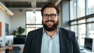 Professional entrepreneur Marc Benioff in modern San Francisco office environment, wearing business attire, surrounded by contemporary technology, confident and visionary expression, natural daylight from windows, clean minimalist workspace