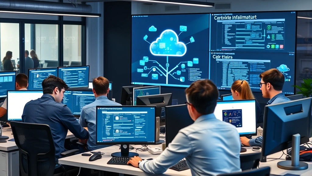 Team of software engineers collaborating at desks with multiple computer monitors, cloud computing infrastructure visualization on screens, diverse technical professionals working together, modern tech office setting, focused and innovative atmosphere