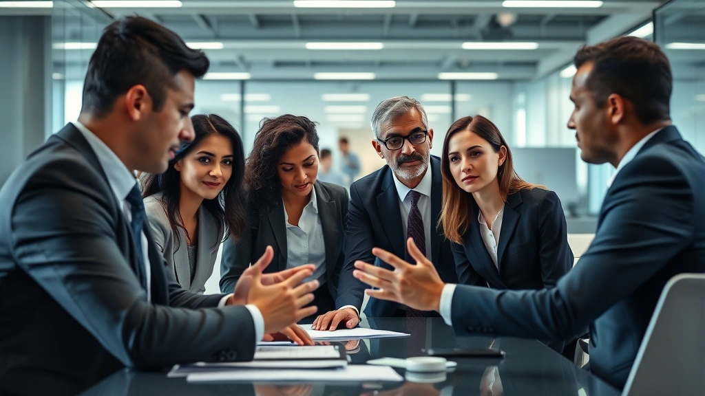 Professional diverse business team in modern office having intense strategic meeting, intense focus and concentration, high stakes discussion, tension visible in body language, corporate environment, photorealistic