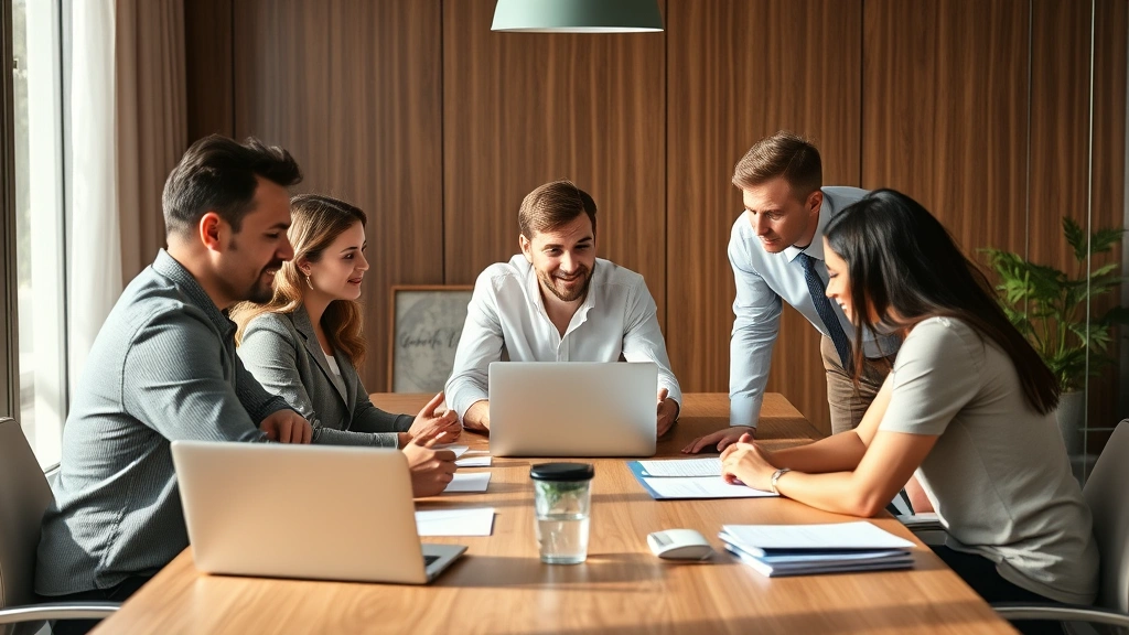 Corporate team members collaborating around conference table with laptops and documents, trust and communication evident, supportive gestures, natural lighting, professional attire, engaged expressions, photorealistic