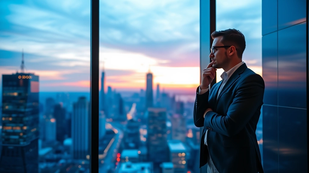 Business leader standing at window overlooking city skyline at sunset, contemplative pose, thinking about strategy and risk, modern office background, confident but thoughtful demeanor, photorealistic