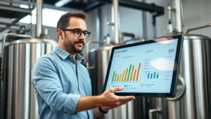 Professional brewery owner in modern production facility reviewing quality control charts on digital display, confident expression, wearing business casual attire, industrial brewing equipment visible in background, natural lighting