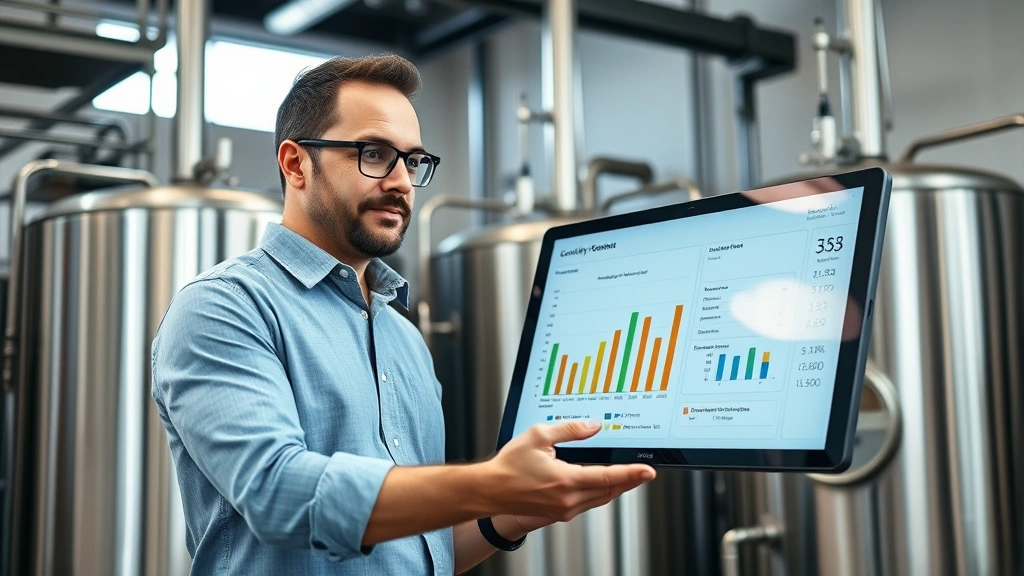 Professional brewery owner in modern production facility reviewing quality control charts on digital display, confident expression, wearing business casual attire, industrial brewing equipment visible in background, natural lighting