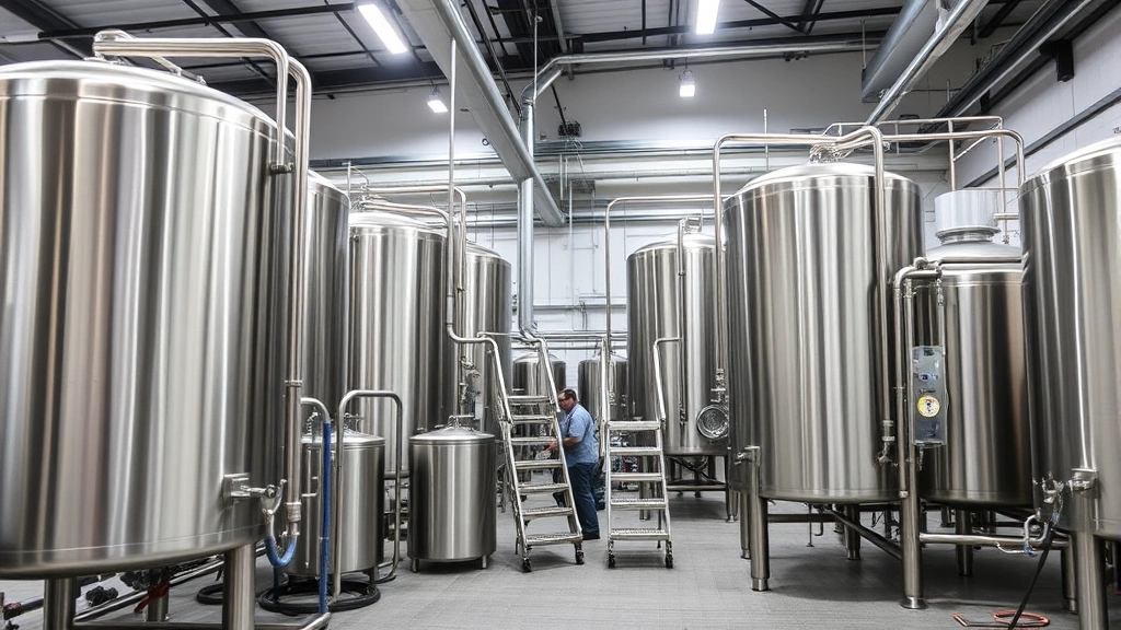 State-of-the-art brewing facility with stainless steel fermentation tanks, modern equipment, and organized production floor with safety protocols visible, emphasizing operational excellence and professional management
