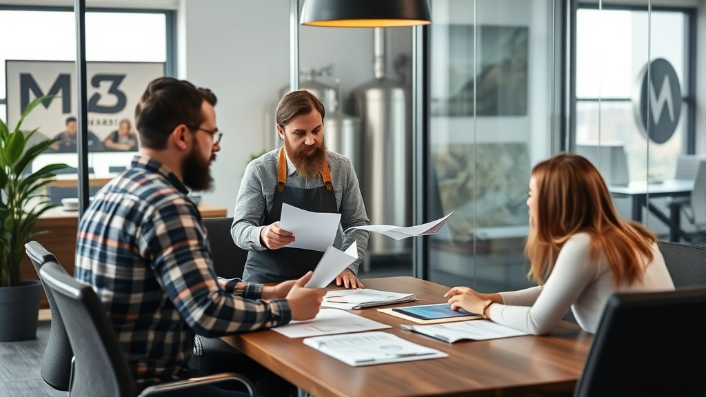 Craft brewery owner in discussion with team members in conference room, reviewing business strategy documents and market analysis, collaborative atmosphere, professional business environment with modern furnishings